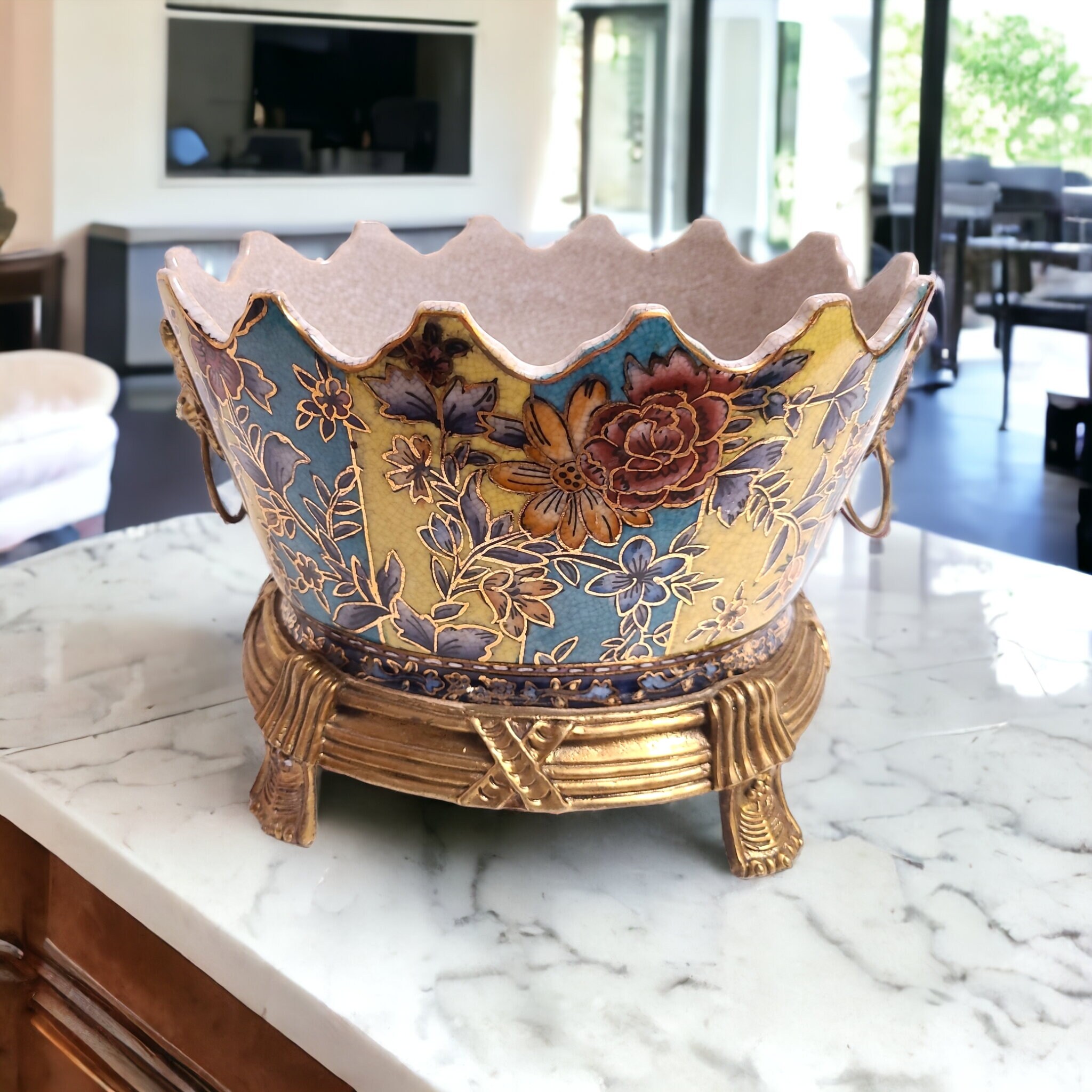 Vintage Chinese Export Porcelain Crackle Glaze Oval Planter