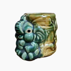 Vintage Majolica Pottery Green & Brown Small Elephant Planter Pot #MP182 Trunk Up for Good Luck ca. 1960s