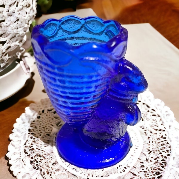 Vintage Cobalt Blue Glass Easter Bunny Rabbit with Basket Egg Cup Toothpick Holder 3 1/8" H x 2" W