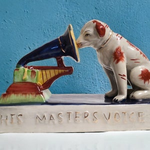 Vintage Hand Painted Ceramic RCA Victor His Master&#39;s Voice Ceramic NIPPER & Phonogragh Figurine 9 3/4&quot; L x 6 3/4&quot; H x 3 3/4&quot; D