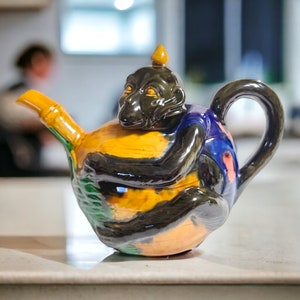 Vintage Majolica Style Figural Monkey Teapot Minton Royal Doulton Reproduction 7.25" H x 10" L