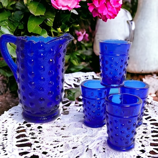 5 Piece Set Vintage Miniature Cobalt Blue Glass Hobnail Pitcher & 4 Tumbler Glasses Water Set