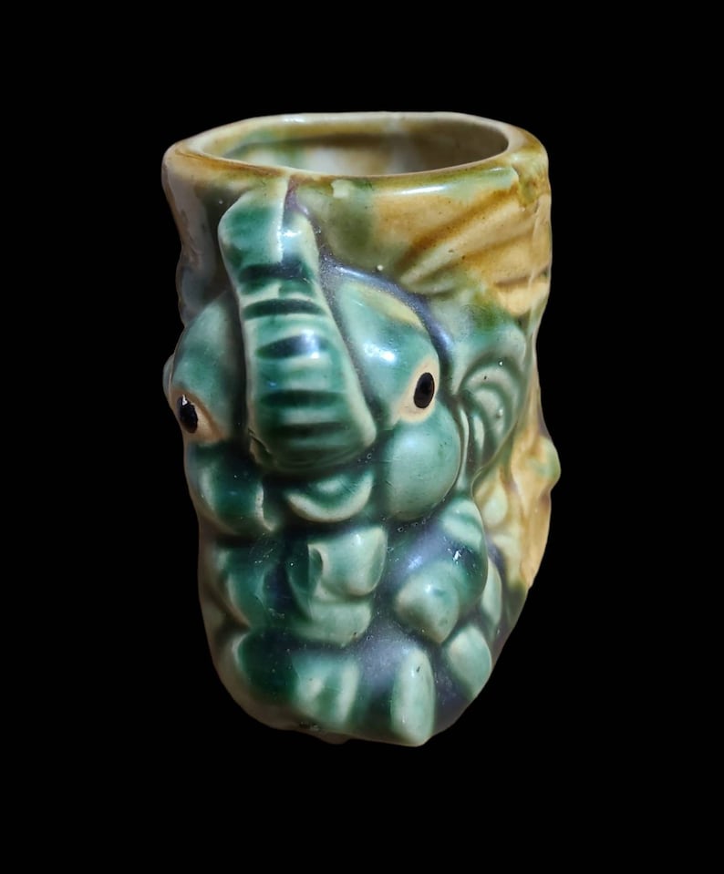 Vintage Majolica Pottery Green & Brown Small Elephant Planter Pot # ...