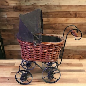 Vintage Victorian Style Wicker Wood Miniature Baby Doll Pram Carriage Stroller Buggy with Metal Wheels & Frame 12&quot; H x 10&quot; L x 6&quot; W