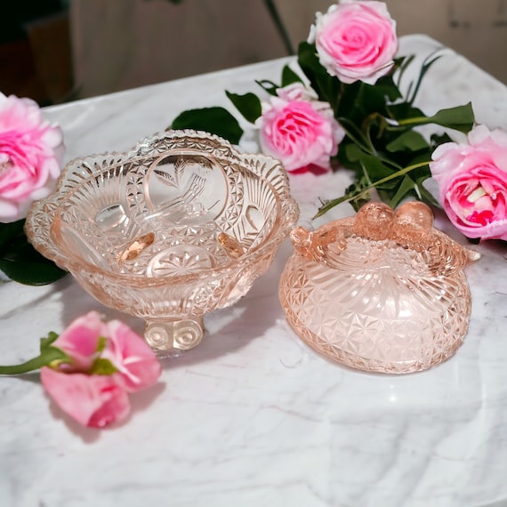 Vintage Large Pink Glass Kissing Lovebirds Love Birds Lidded Three