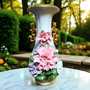 Vintage Porcelain Capodimonte Italian Style 9&quot; Pierced Vase Applied Flowers Gold Handles