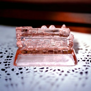 Vintage 2 Piece Pink Glass Union Pacific Railroad Locomotive Train Engine with Train Track Base Figurine 5" L x 2" W x 2 3/4" H