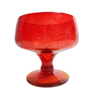 MCM Blenko Wayne Husted Crackle Glass Amberina TANGERINE Footed Compote #629S ca. 1960s