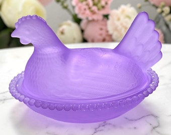 Vintage Style Purple Frosted Satin Glass 2 Piece Chicken on Nest Covered Dish 4.75" Hen Candy Dish Master Salt Cellar