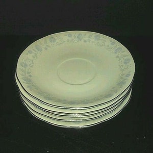 Set of 6) Vintage Porcelain Saucers Scalloped Silver Trimmed Rim and a Light Blue & Greyish Pink Floral Pattern