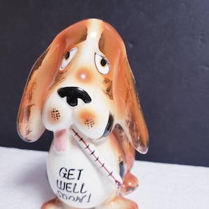 Vintage Hand Painted Rubens Originals Get Well Soon Basset Hound Dog Puppy with Thermometer Planter #400 Made in Japan ca. 1966
