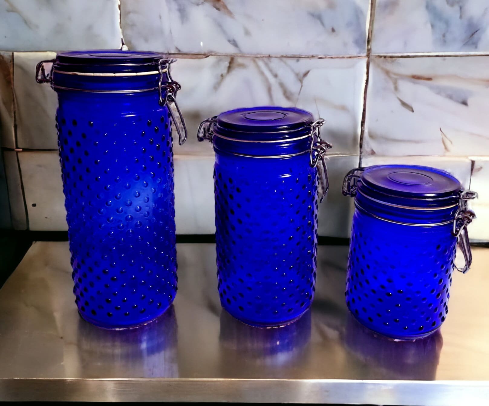 3pc Artland Purple Amethyst Ribbed Glass Square Canister Set w/ Sealed Lids