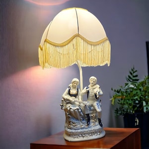 Vintage Blue & White with Gold Accents Porcelain Victorian Colonial Musician Couple 22&quot; French Style Boudoir Lamp