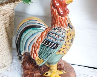 Vintage Colorful Hand Painted 10" Ceramic Rooster Figurine Statue Farmhouse Decor