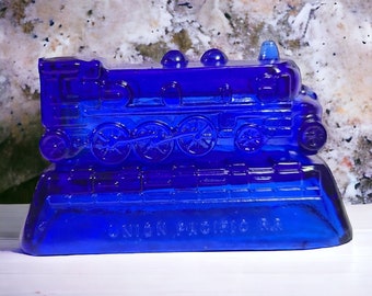Vintage 2 Piece Cobalt Blue Glass Union Pacific Railroad Locomotive Train Engine with Train Track Base Figurine 5" L x 2" W x 2 3/4" H