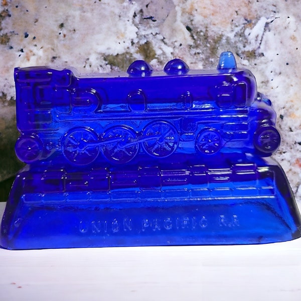 Vintage 2 Piece Cobalt Blue Glass Union Pacific Railroad Locomotive Train Engine with Train Track Base Figurine 5" L x 2" W x 2 3/4" H