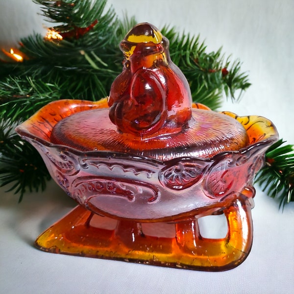 Vintage Red Amberina Carnival Glass Santa Claus on Sleigh Figural Covered Candy Nut Trinket Dish 5.25" L x 3.5" W x 4.5" H