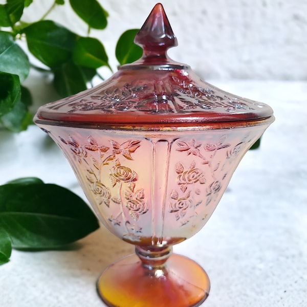 Vintage Amberina Carnival Glass Sharon Cabbage Rose Lidded Compote Pedestal Candy Dish 7.5" H
