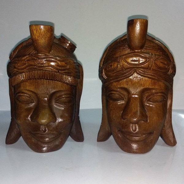 Vintage Carved Wood TRIBAL HEAD Sculptural Figure BOOKENDS