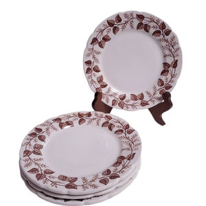 Set of 4 Vintage Walker China Ohio, USA Vitrified Restaurant Ware Salad Dessert Plates Brown Leaves & Vine ca. 1950