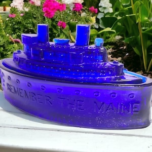 Vintage Collectible Ship Cobalt Blue Pressed Glass Dish Remember the Maine Spanish American War Memorabilia Military, Lidded Battleship Dish