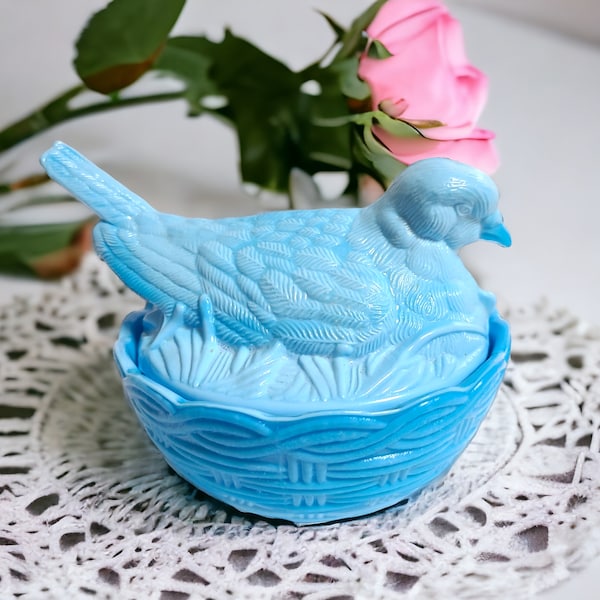Vintage Blue Slag Glass Milkglass 2 Piece Dove Bird on Nest Basket Lidded Candy Dish Vanity Box 4" H x 6.5" L x 4.75" W