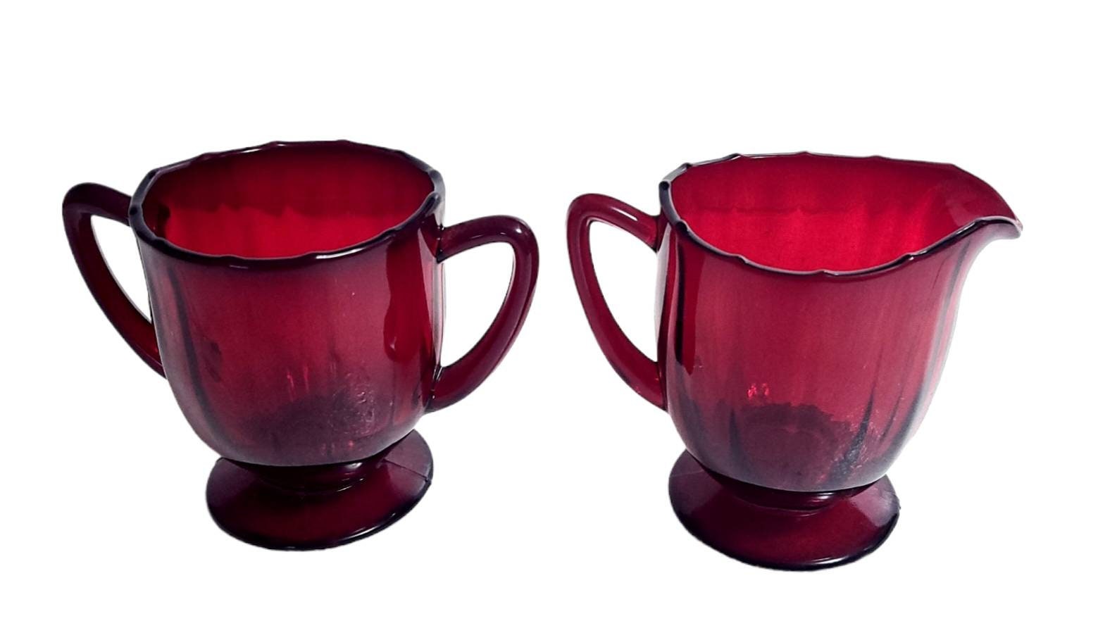 Vintage Ruby Red Glass Sugar and Creamer Set, Pedestal Solid Color