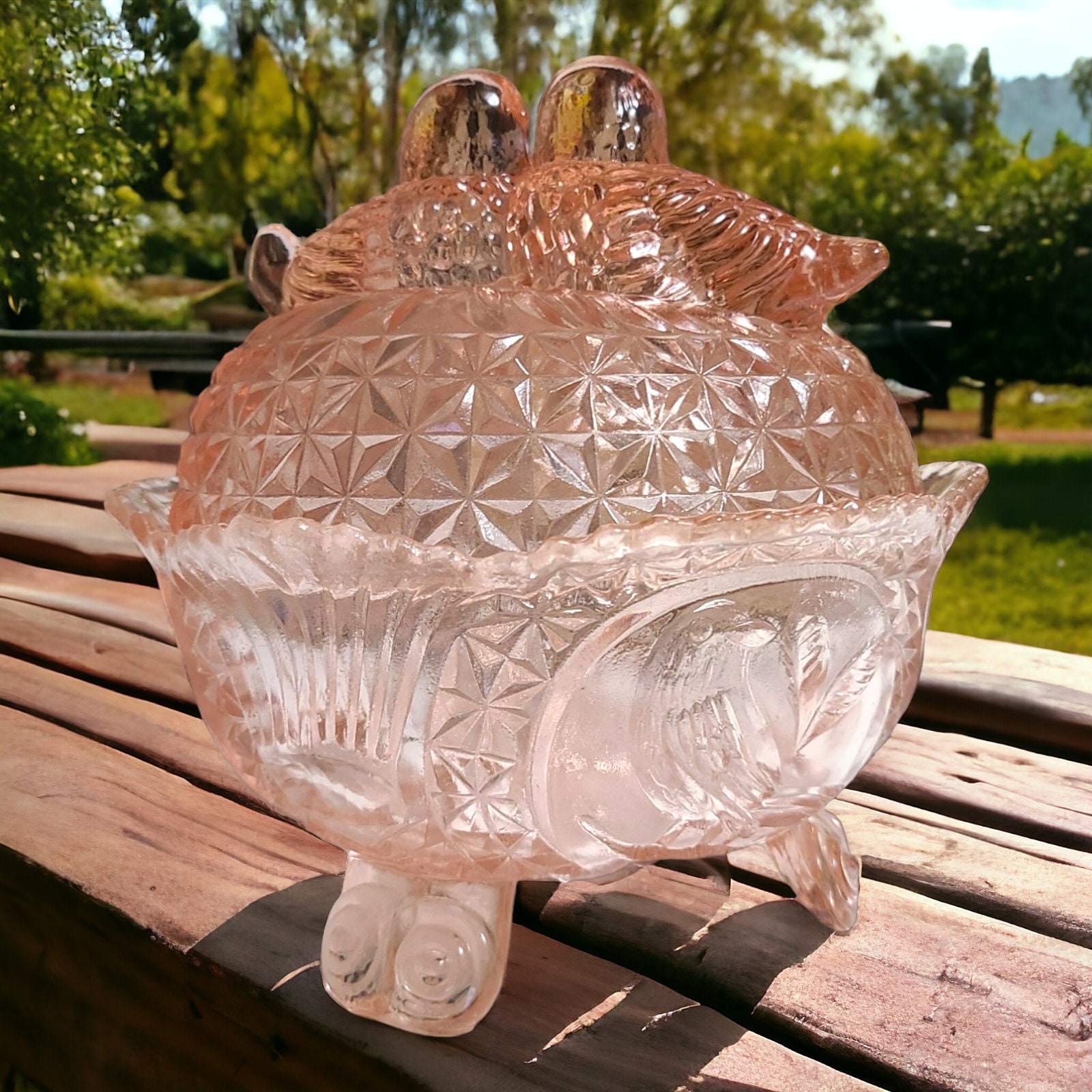 Vintage Large Pink Glass Kissing Lovebirds Love Birds Lidded Three