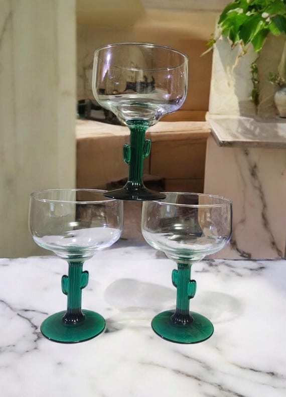 Set of 3 Vintage LIBBEY Glass Saguaro Cactus Juniper Green Stem & Base 12  Oz "Cozumel" Margarita Glasses