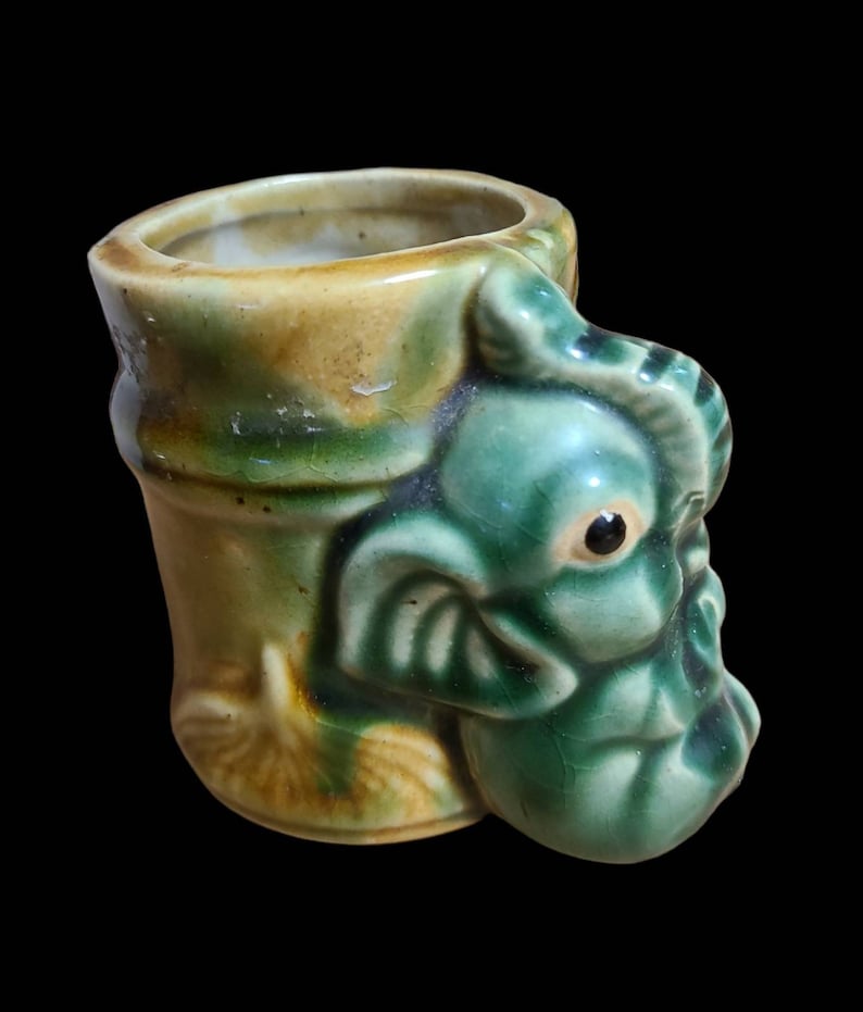 Vintage Majolica Pottery Green & Brown Small Elephant Planter Pot # ...