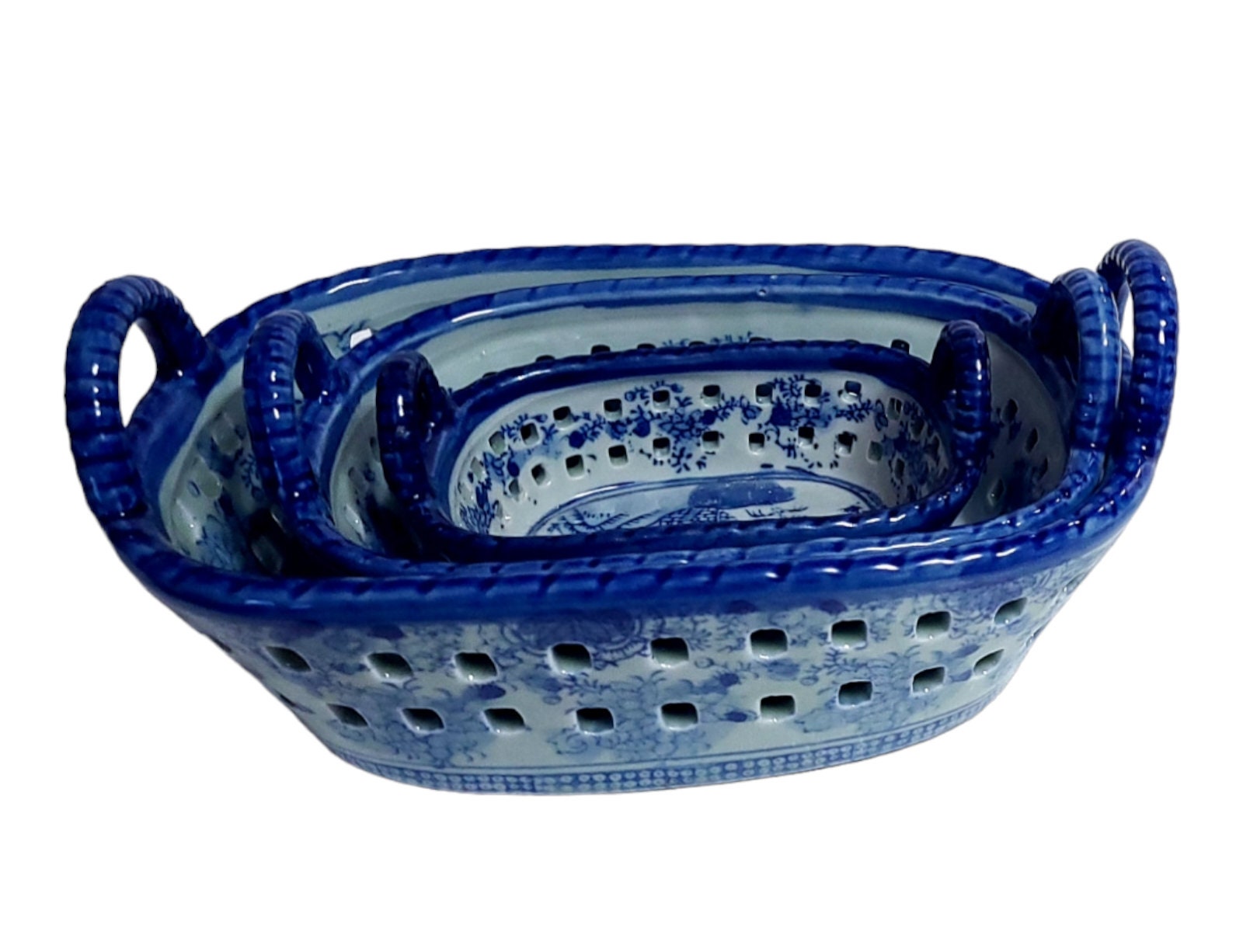 Vtg Set of 3 Chinese Export Blue Transfer Oval Pierced Reticulated Double  Handle Nesting Baskets Bowls Victoria Ware Ironstone Reproduction - Etsy