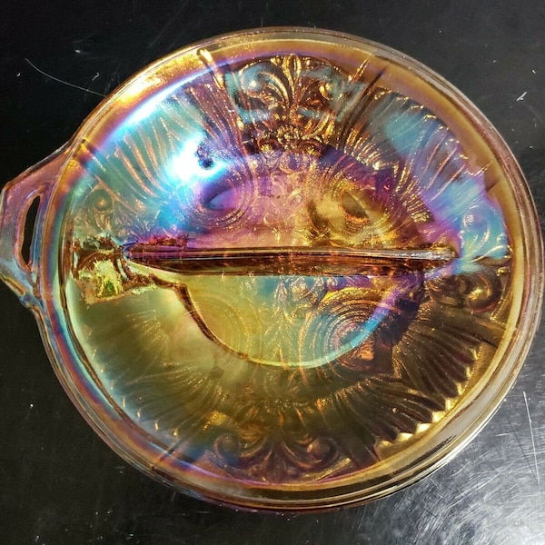 Vintage Indiana Iridescent Amber Carnival Glass KILLARNEY 8" Divided Relish Dish ca. 1970s Fleur de Lis,  Floral, Celtic Cross Design