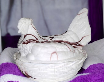 Vintage Large White and Purple (Brown) Slag Glass Nesting Hen Chicken On Nest Basket Covered Candy Nut Trinket Dish 7.5" H x 8.5" L