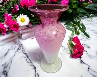 vintage style MURANO en verre soufflé à la main, canneberges et éclaboussures blanches dans un vase urne transparent sur pied de 11,75 po.