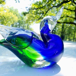 MCM Murano Italian Art Glass 6.5&quot; Cobalt, Green Sommerso Cased in Clear Duck Sculpture Figurine Archimede Seguso ca. 1960s