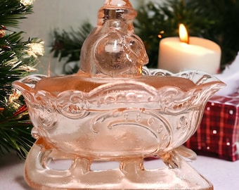 Vintage Pink Glass Santa Claus on Sleigh Figural Covered Candy Nut Trinket Dish 5.25" L x 3.5" W x 4.5" H