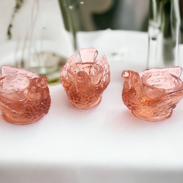 Set of 3 Vintage Pink Glass BIRD WITH BERRY Figural Open Salt Dip Cellars