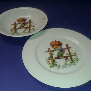 2 Piece Vintage Limoges Authentique Porcelaine du Lys Royal French Porcelain Boy on Fence by Gottschlich - Salad Plate, Soup/Cereal Bowl