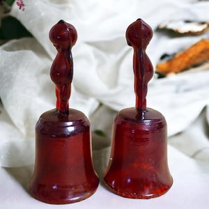Pair of Vintage Ruby Red Glass 5.5" Kewpie Doll Handle Bells with Clappers