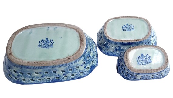 Vtg Set of 3 Chinese Export Blue Transfer Oval Pierced