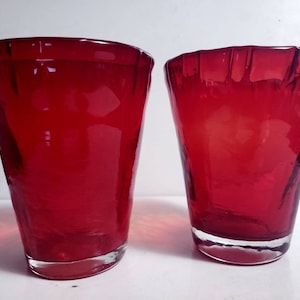Pair of Heavy Hand Blown Glass Ruby Red with Clear Base 6" Vases Tumblers Crimped Edge 