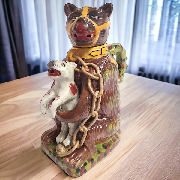 Vintage Staffordshire Pearlware Reproduction Bear Baiting Jug with Dog Advertising Bear Grease