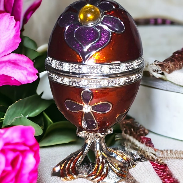 Vintage Ornate Red with Purple Flowers Enameled Metal Rhinestone Embellished Egg Shape Hinged Trinket Ring Pill Box 3" H
