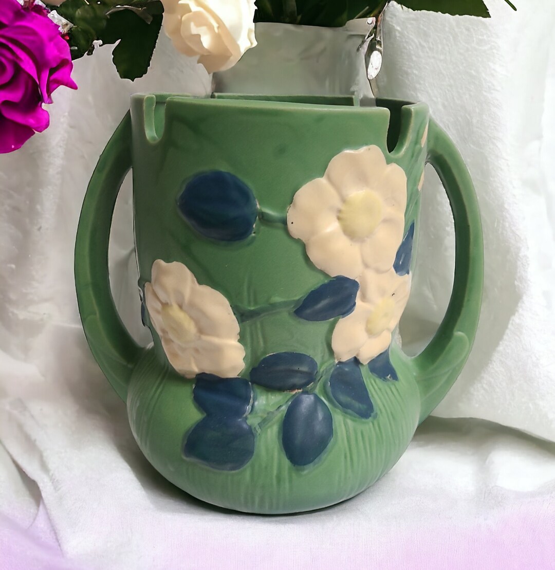 Vintage Roseville Pottery REPRODUCTION Green Double Handled White Rose