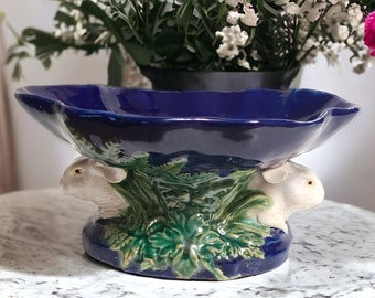 Vintage Majolica Minton Style Pottery Blue with Two White Rabbits Pedestal Centerpiece Bowl Compote 10.75" L x 8" W x 5" H