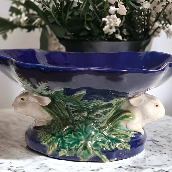 Vintage Majolica Minton Style Pottery Blue with Two White Rabbits Pedestal Centerpiece Bowl Compote 10.75" L x 8" W x 5" H