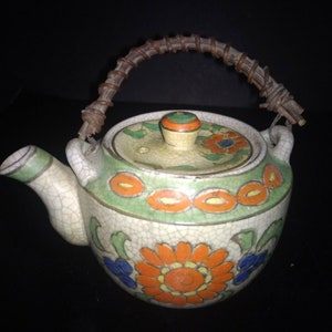 Vintage Hand Painted TT Takito Japan Teapot Hand Painted Floral Crackle Glaze Wood Handle Taisho Period ca. 1913-1930