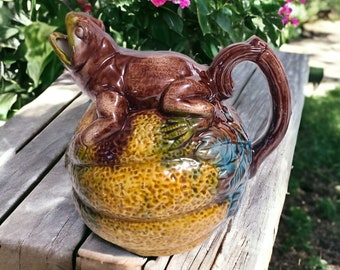 Vintage Majolica Earthenware Frog on Melon Figural Water Pitcher Ewer with Loop Handle 7.25" H