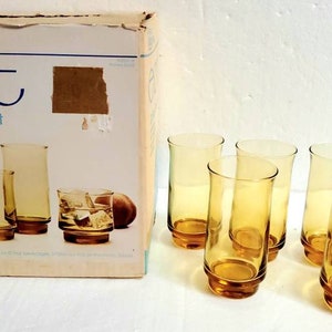 Set of 6 Vintage Anchor Hocking ESPRIT Honey Gold 12 Oz Beverage Glasses Tumblers Hard to Find! Early 1980s