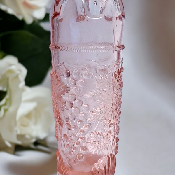 Vintage Pink Depression Style Glass Grape and Cable Footed 7.5" Hatpin Holder Vase